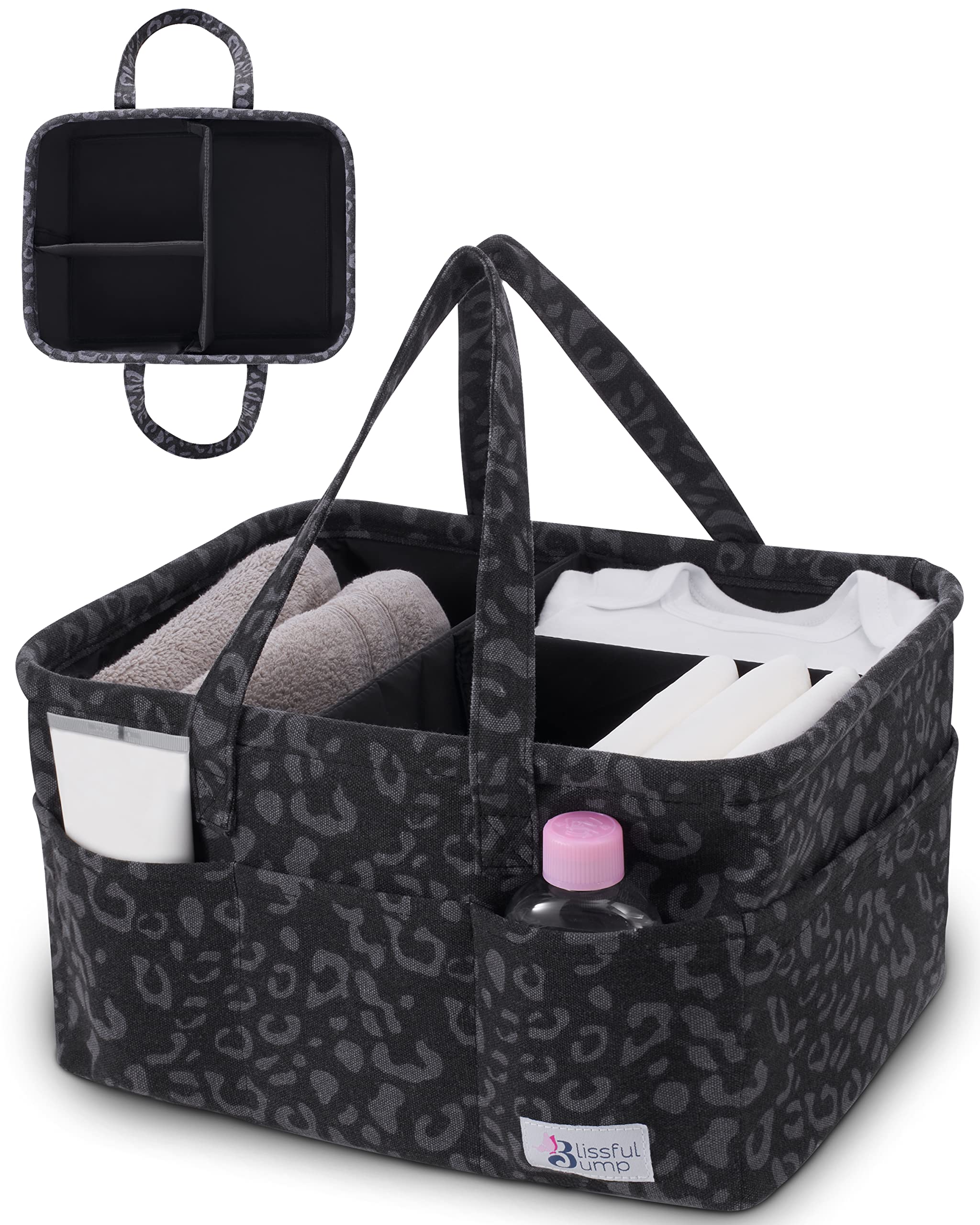 Extra Large Baby Diaper Caddy Organizer Basket - Grey Charcoal Leopard Print Storage for Newborn Essentials | Portable Diaper Bag & Nursery Organization | Perfect for Nursery, Baby Shower Gift & On-the-Go Parenting