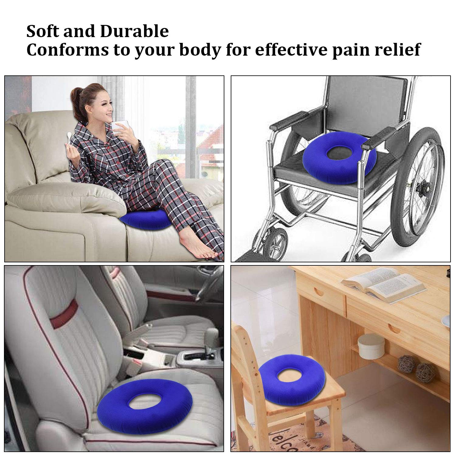 Inflatable Donut Pillow Cushion for Back Pain Relief - Orthopedic Round Seat Cushion with Neck & Lumbar Support - Home Office Car Travel Hiking Camping Desk Use - Blue Comfort Cushion for Post-Surgery Hemorrhoids & Tailbone Pain