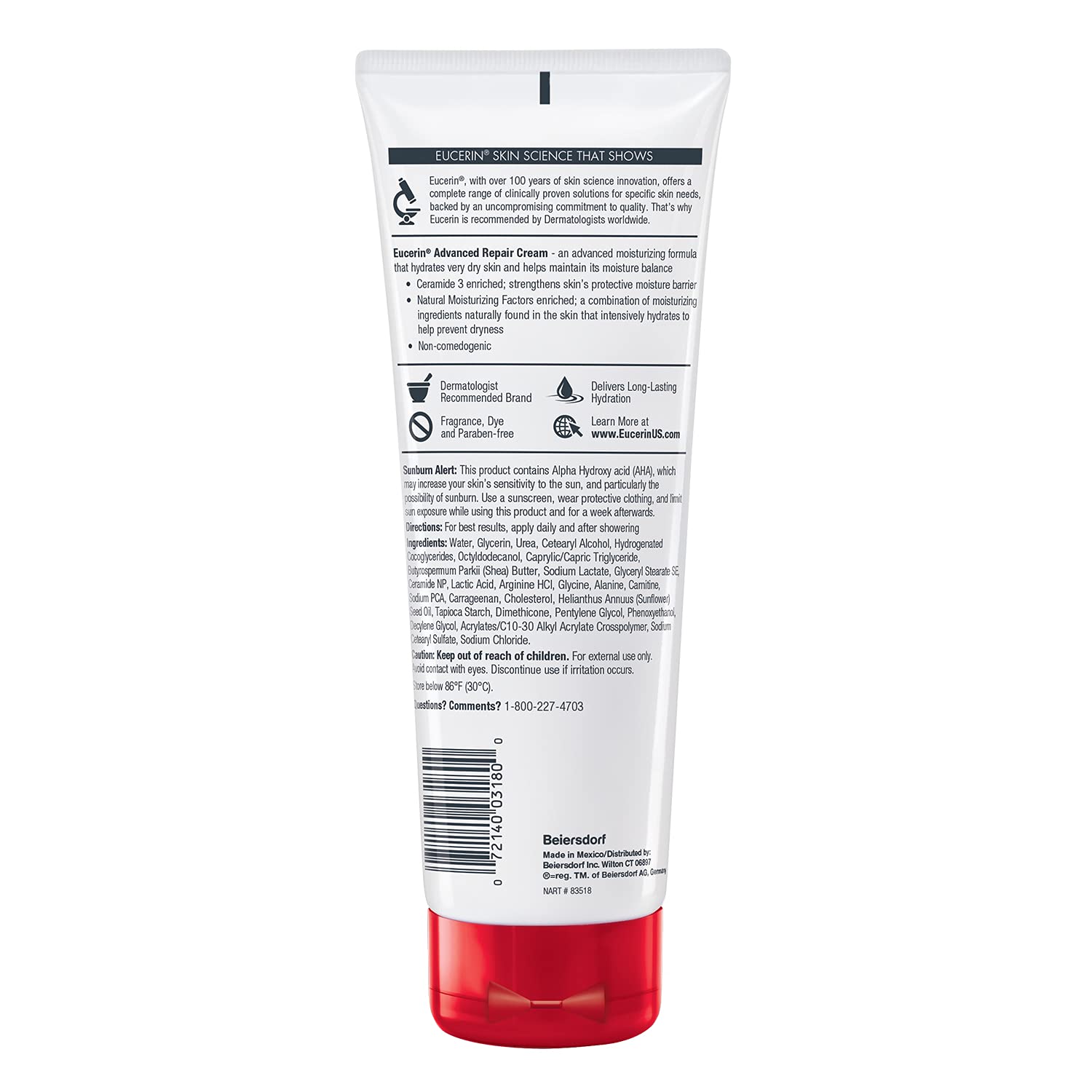 Eucerin Advanced Repair Body Cream for Very Dry Skin - Fragrance Free Daily Moisturizing Lotion, 8 Oz Tube - Ideal for Dry Skin Relief & Hydration at Home or Travel