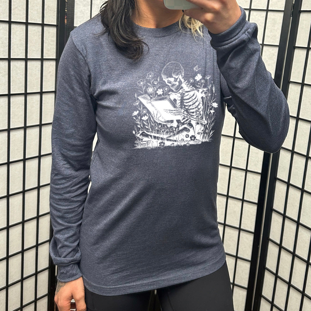 Men's Long Sleeve Graphic T-Shirt with Skeleton Reading Design | Trendy Halloween & Gothic Streetwear | Perfect for Costume Parties, Casual Outfits, and Everyday Wear