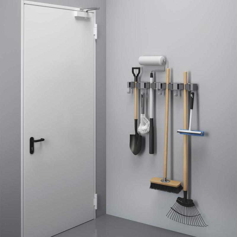 Wall Mounted Tool Organizer Set of 2 - Heavy Duty Broom & Mop Holder with Hooks for Garage, Kitchen, or Utility Room Storage
