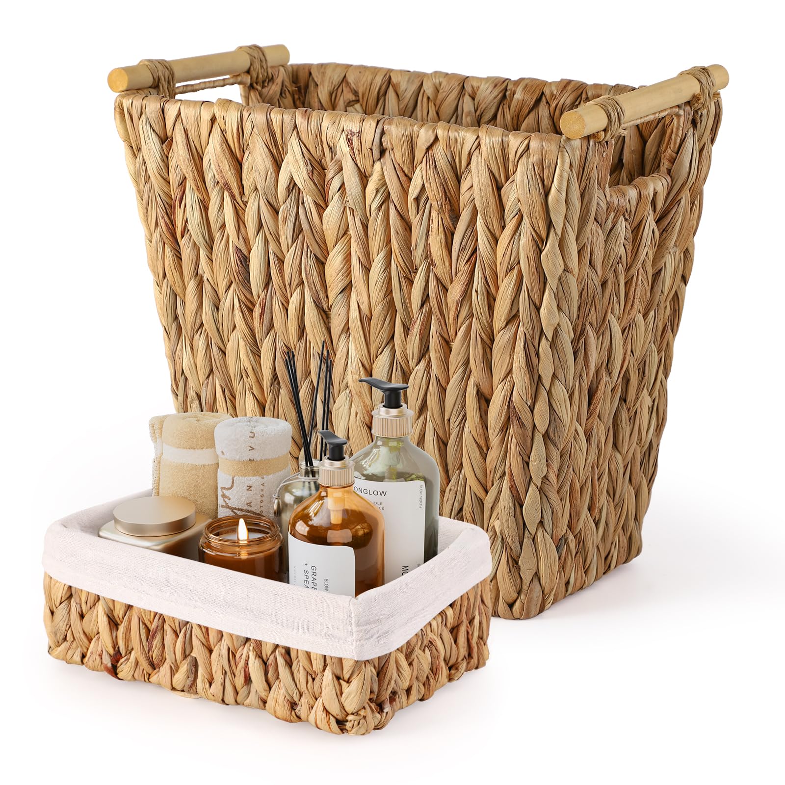 **3.5 Gallon Waterproof Wicker Storage Basket - Handwoven Brown Narrow Small Trash Can for Bathroom, Bedroom & Office | Eco-Friendly & Stylish Home Organization**    *(Perfect for storing towels, toiletries, magazines, or office supplies – adds rustic charm to any space!)*