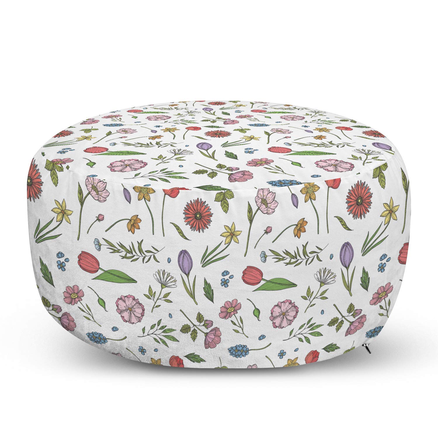 Ambesonne Floral Ottoman Pouf - Hand-Painted Botanical Art Footrest with Removable Cover, Colorful Blossom Design for Living Room, Bedroom & Nursery Decor - Perfect for Relaxing, Reading Nook or Extra Seating