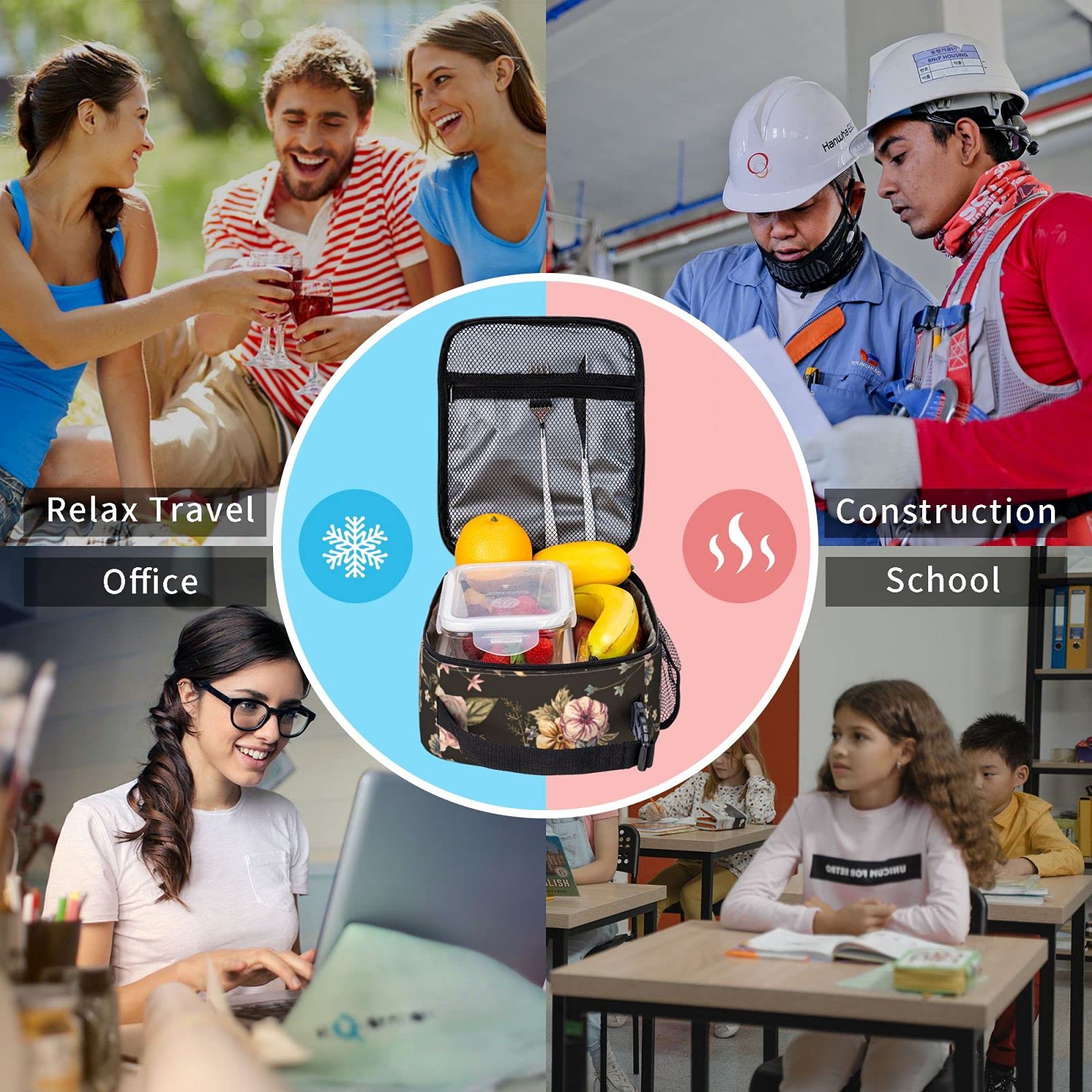 Insulated Black Floral Lunch Bag for Women & Teens - Leakproof Reusable Cooler Lunch Box for School, Office, Picnic, Beach & Outdoor Activities