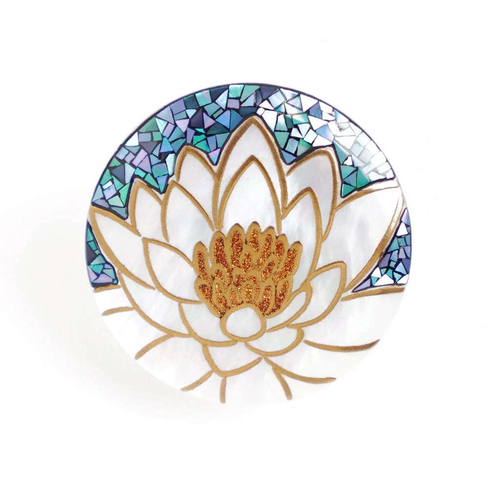 Exquisite Maki-e Urushi Lacquer Brooch with White South Sea Pearl Shell - Water Lilies Design | Traditional Japanese Lacquer Jewelry for Women | Perfect for Formal Occasions, Weddings & Special Events