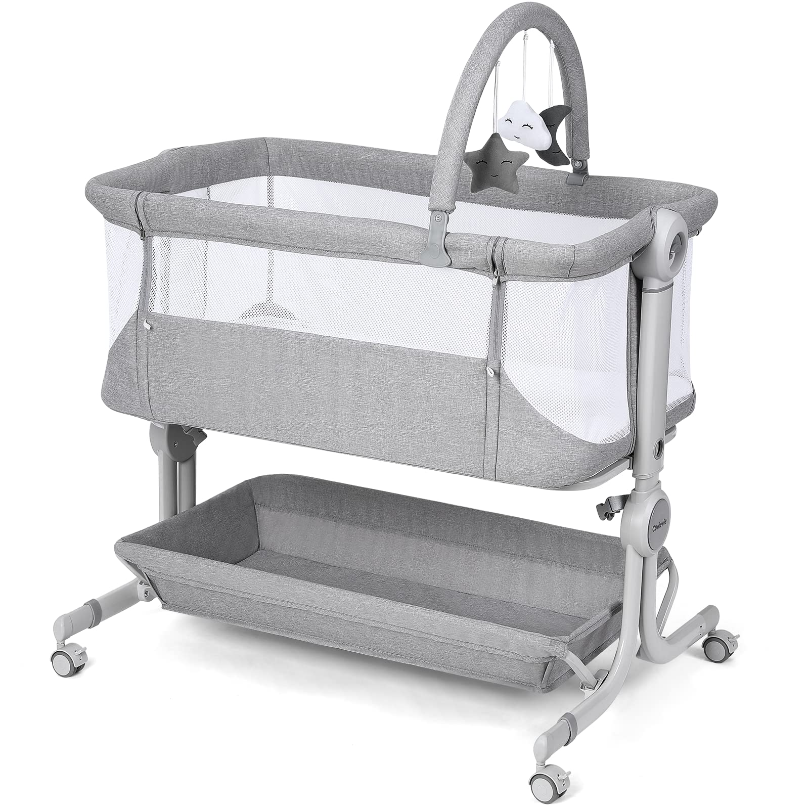 Cowiewie Portable Baby Bassinet Bedside Sleeper - Adjustable Height, Foldable Design with Wheels, Storage Basket & Hanging Toys - Safe Newborn Crib for Nursery, Bedroom & Travel (Handbag Style)