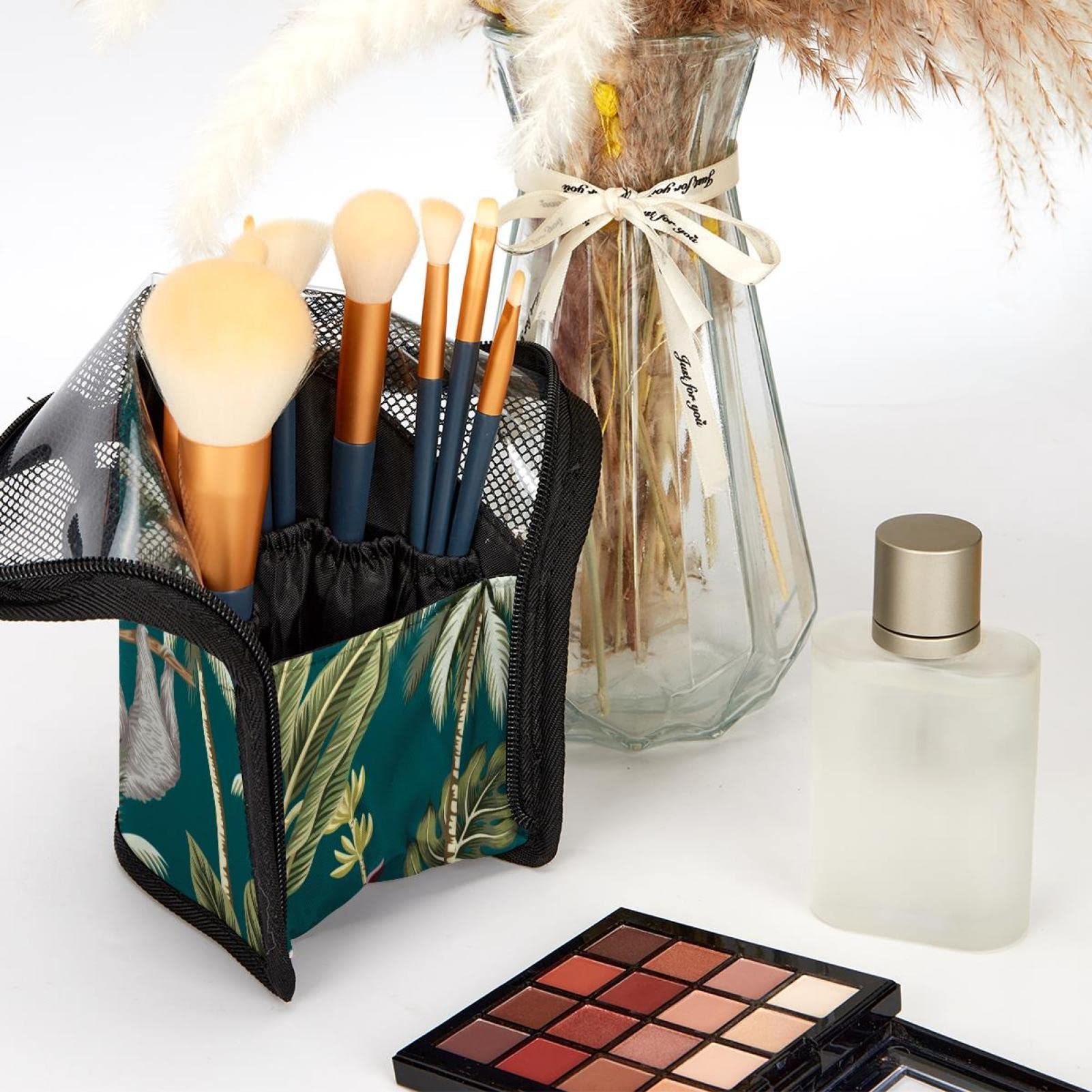 Premium 12-Piece Makeup Brush Organizer Bag with Animal Monkey Tropical Tree Design - Portable Travel Makeup Brush Holder Case for Professional Artists & Beginners - Perfect for Travel, Home Vanity & Salon Use
