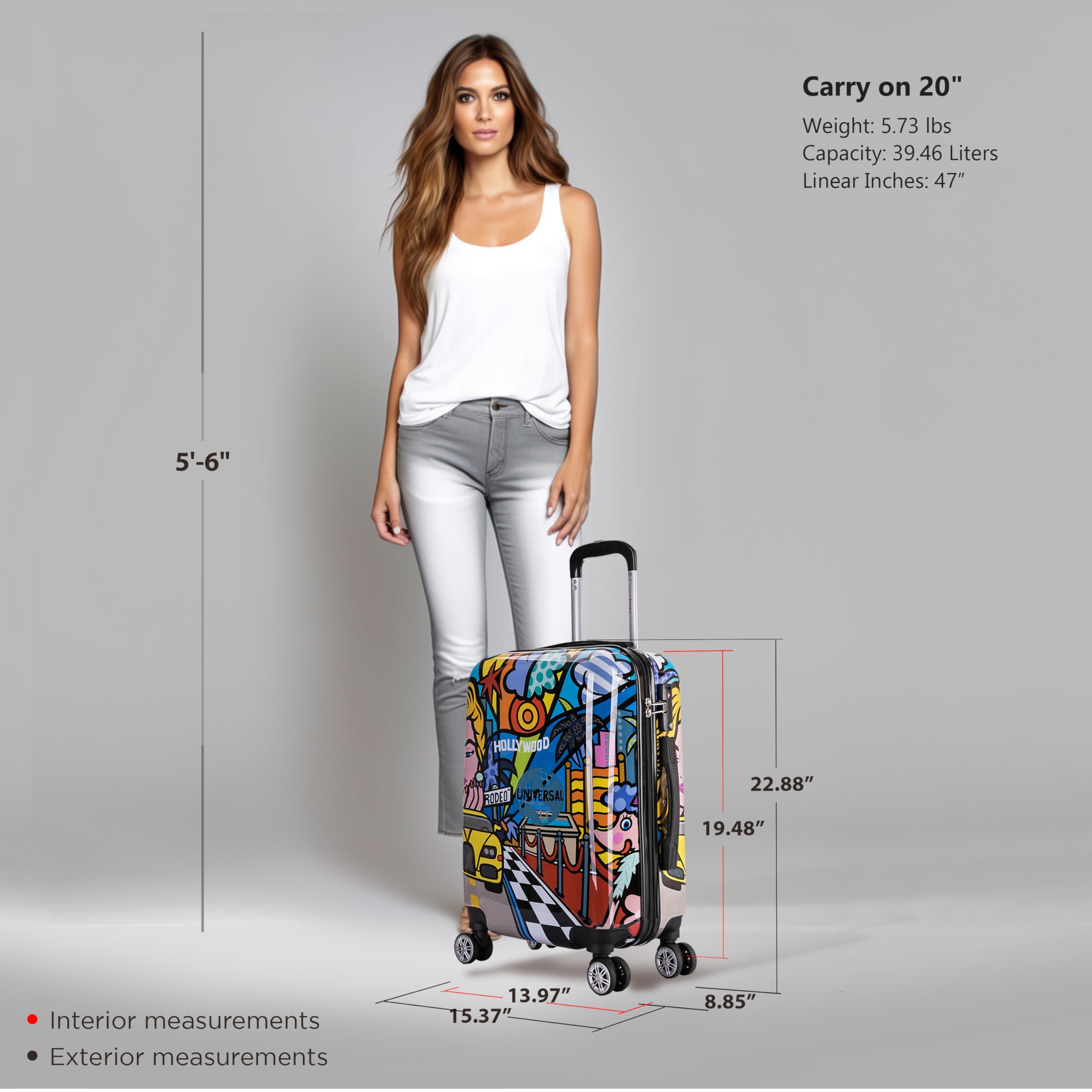 InUSA Hollywood Print 20 Inch Carry-On Spinner Luggage - Durable Lightweight Hardside Suitcase with 360° Spinner Wheels & Telescopic Handle - Perfect for Air Travel, Weekend Getaways & Business Trips