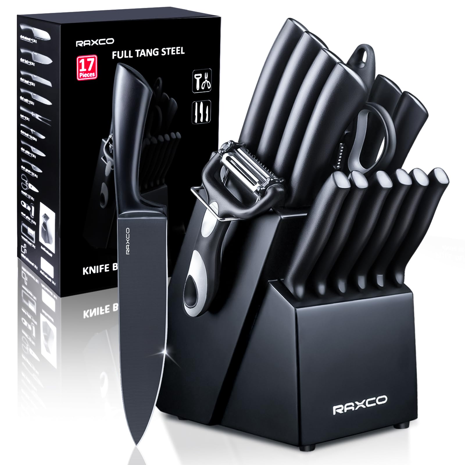 RAXCO 17-in-1 Premium Kitchen Knife Set with Wooden Block - Dishwasher Safe Stainless Steel Knives for Chopping, Slicing & Dicing - Perfect for Home Chefs & Cooking Enthusiasts