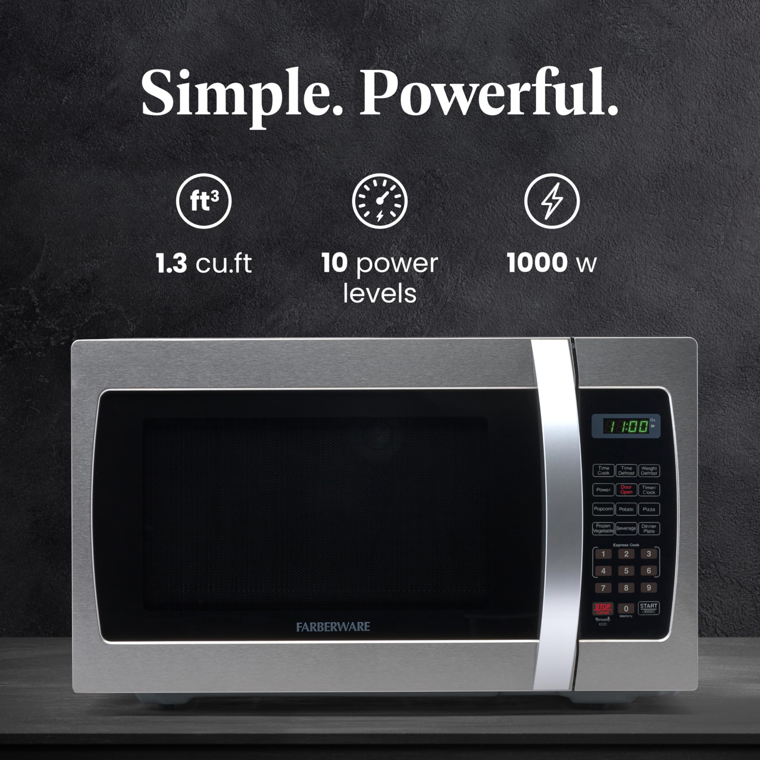 Farberware 1000W 1.3 Cu. Ft. Countertop Microwave Oven with LED Lighting & Child Safety Lock - Stainless Steel Interior for Easy Cleaning - Ideal for Small Kitchens, Apartments, Dorms & Office Break Rooms
