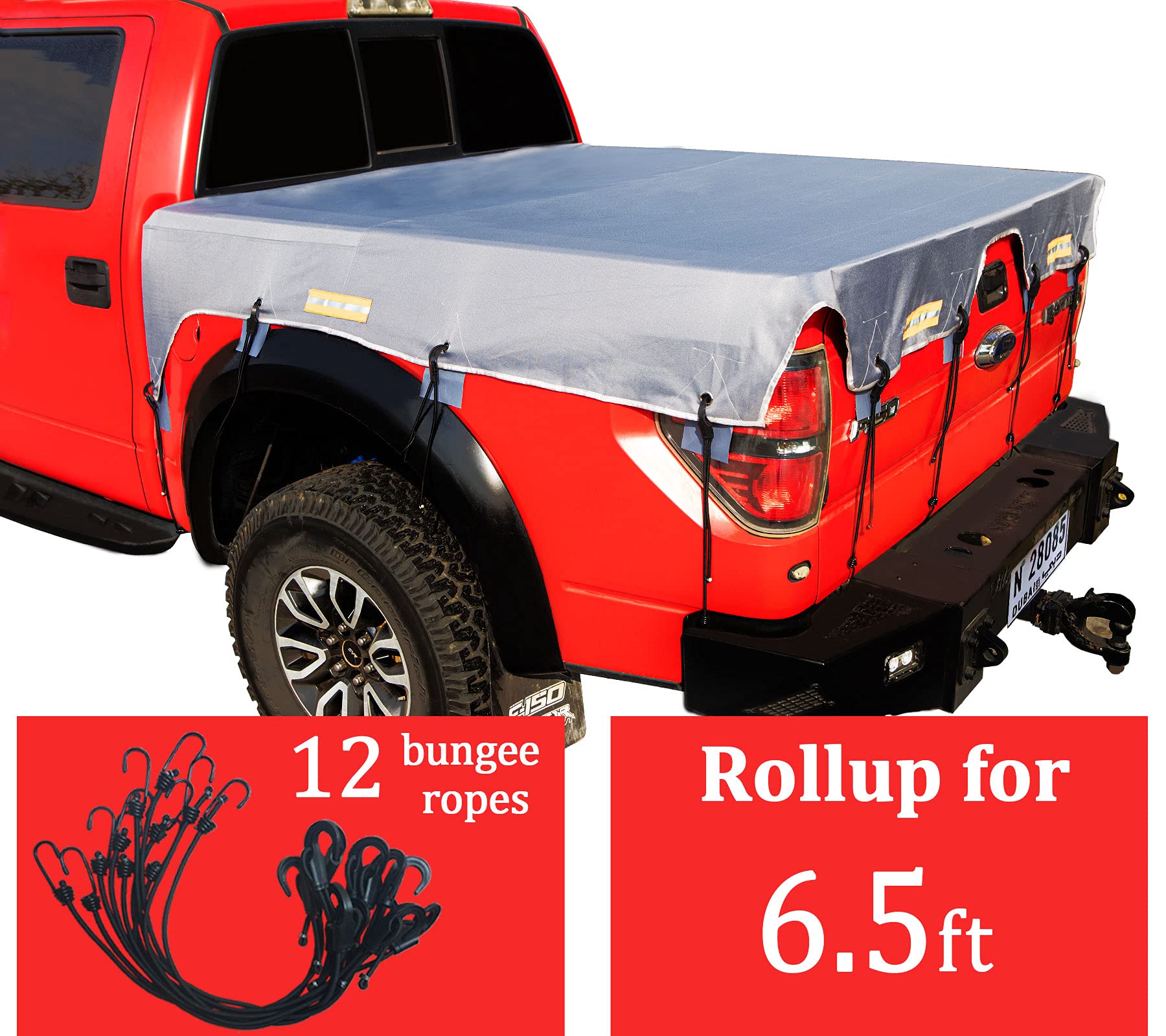 Heavy Duty 600D Oxford Fabric Waterproof Truck Bed Tarp Cover with Reflective Strip & Bungee Cords - Fits Ford F150, GMC Silverado/Sierra, Ram 1500 (6.5' Standard Bed) - Grey | Durable Pickup Truck Protection for Camping, Hauling & Outdoor Adventures