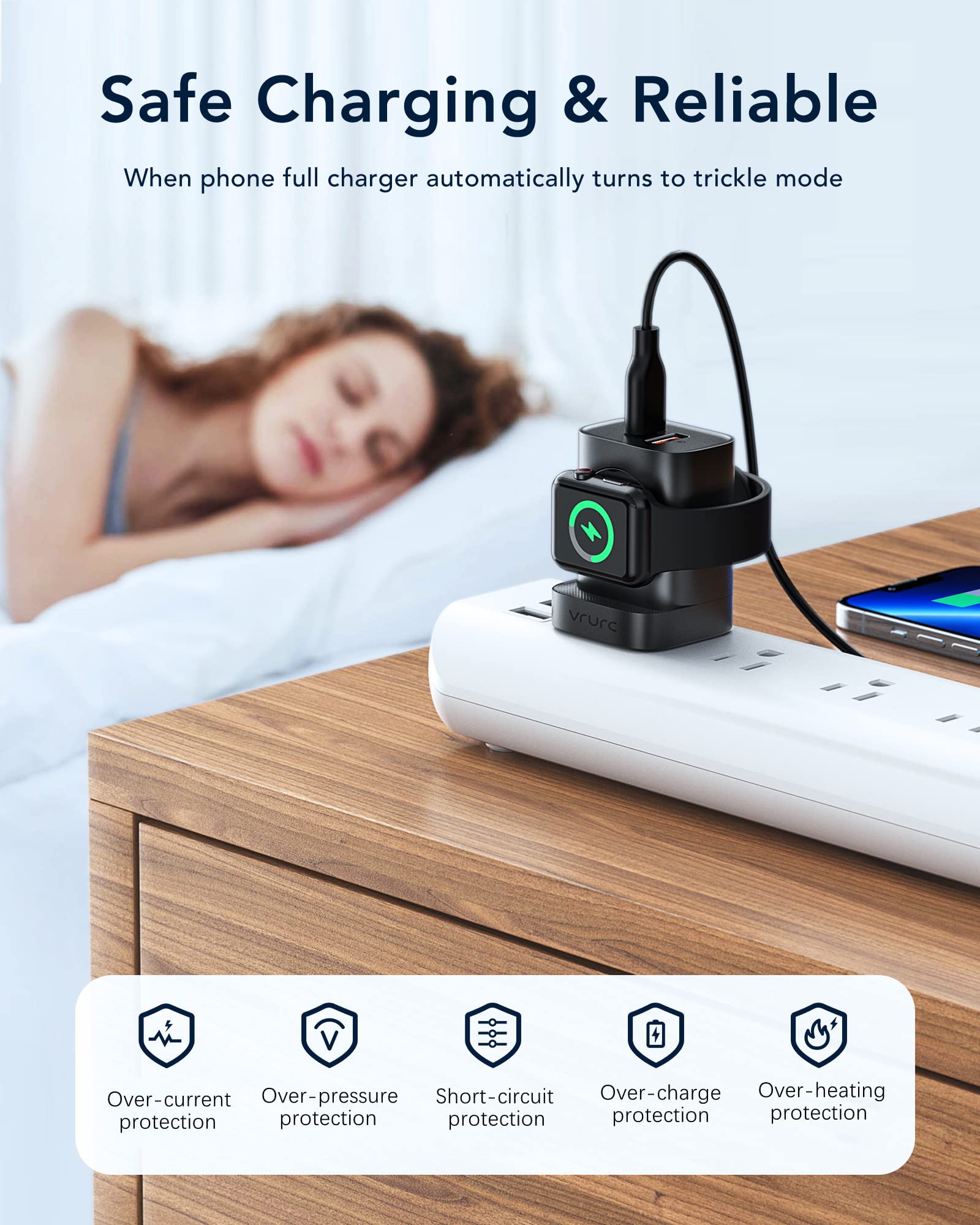 VRURC 3-in-1 Magnetic Wireless Charger for Apple Watch Ultra/SE/10/9/8/7/6/5/4/3/2/1, iPhone 16/15/14/13 & Android - 20W PD Fast Charging, Portable Travel Charging Block (Black) | Perfect for Home, Office & Travel Use