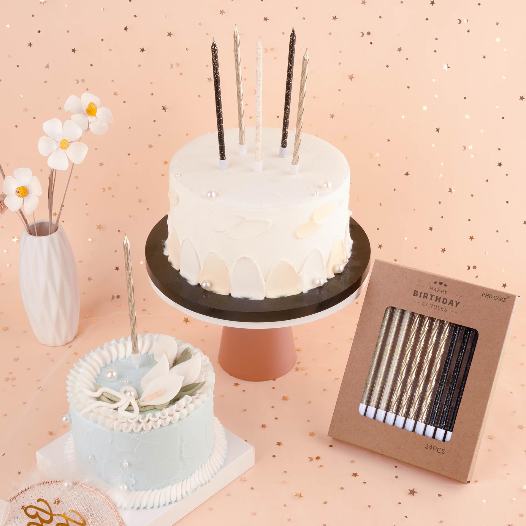 PHD CAKE Gold Black White Thin Birthday Candles for Wedding & Party Decor