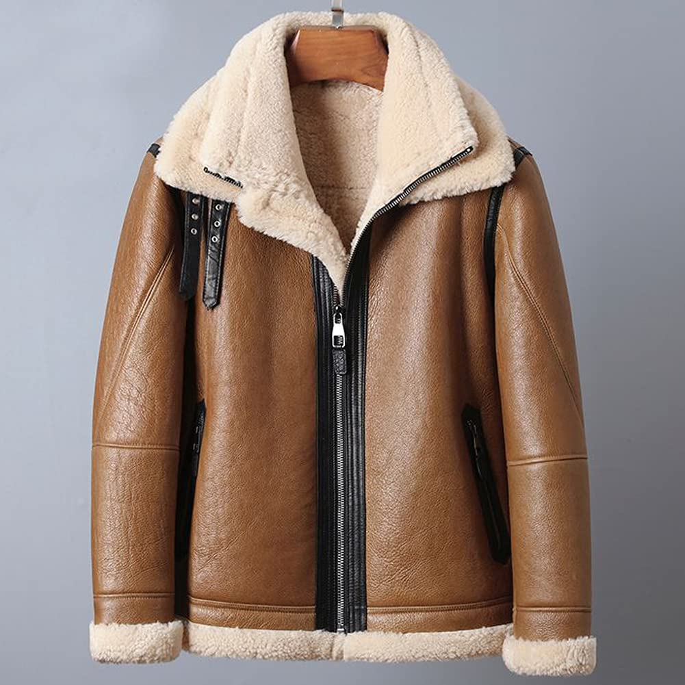 Denny&Dora Men's B3 Bomber Shearling Jacket - Natural Leather Winter Coat with Short Fur for Outdoor Adventures and Casual Wear