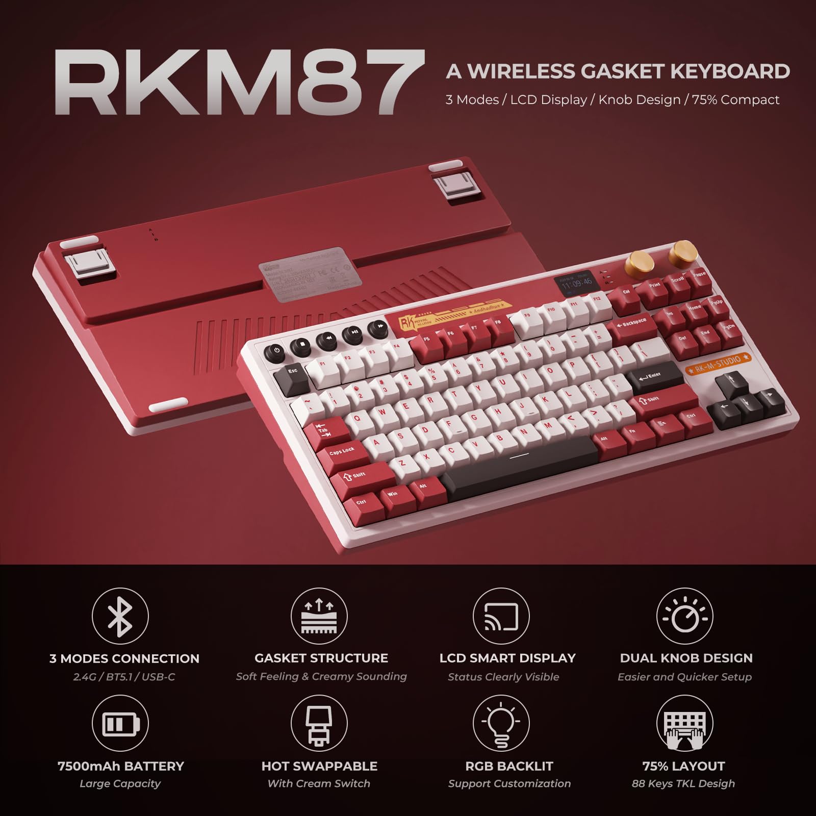 RK ROYAL KLUDGE M87 Wireless Mechanical Keyboard - Dual Knob, RGB Backlit, Hot Swappable for Gaming & Office