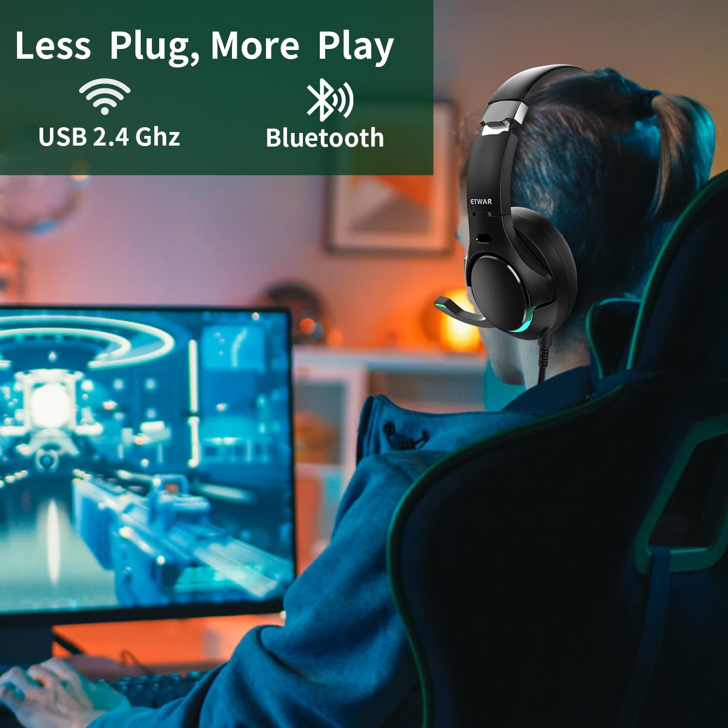 EG80 USB Gaming Headset with Noise Cancelling Mic - 7.1 Surround Sound, Memory Foam Ear Cushions & RGB Lighting - Wired Headphones for PS4, PS5, PC, Laptop - Perfect for Gaming, Streaming & Call Center Work