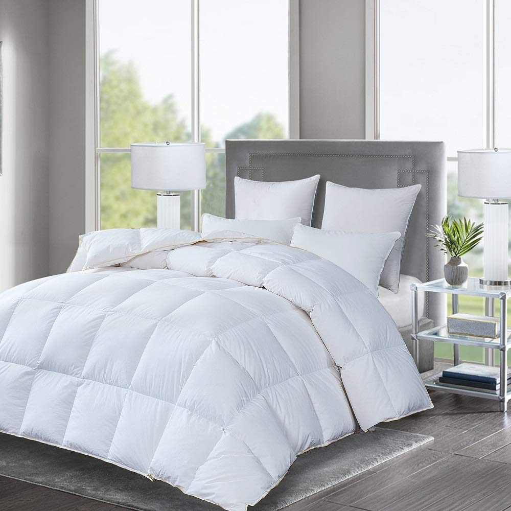 Premium 750+ Fill Power All Seasons Goose Down Comforter - Hypoallergenic 100% Cotton Shell with Down Proof Tabs - Queen Size White Duvet Insert for Bedroom Luxury (28oz, 1000 Thread Count) - Perfect for Master Bedrooms, Guest Rooms & Cozy Winter Nights
