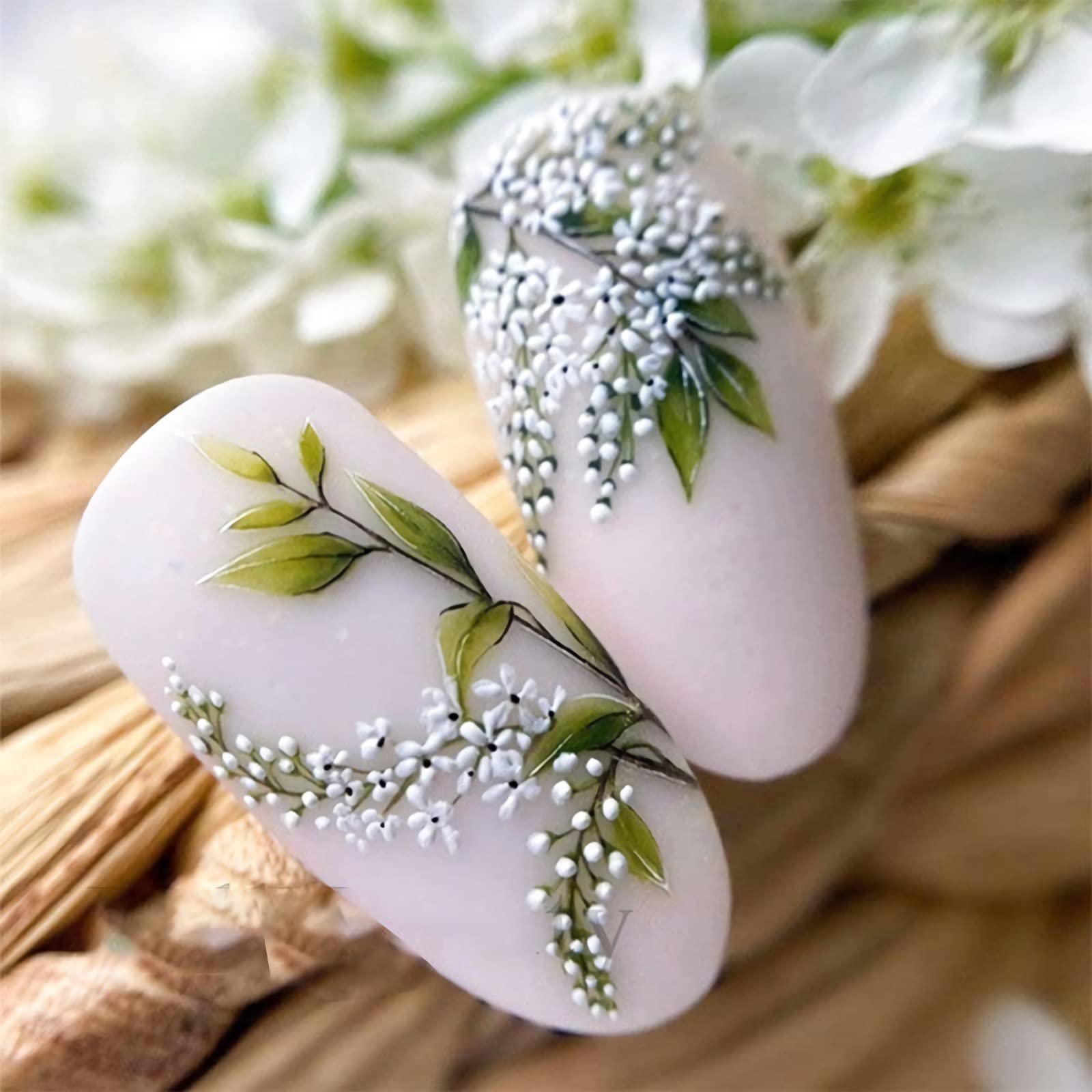 5D White Flower Nail Stickers - Summer Self-Adhesive Leaf Nail Decals for Nail Art, Green Leaves & Embossed Lily Floral Nail Accessories | Perfect for DIY Nail Designs, Bridal Manicures, and Summer Nail Art Decorations