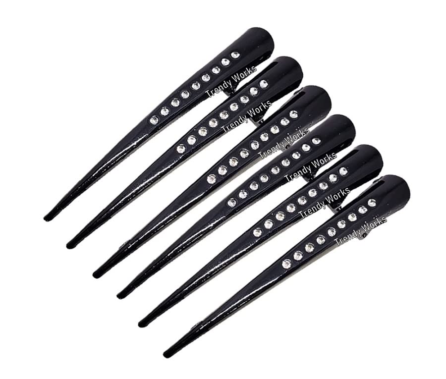 Trendy Works 6-Piece Crystal Rhinestone Long Banana Metal Hair Clips for Women & Girls - Elegant Hair Accessories for Parties, Weddings & Daily Styling (Black)