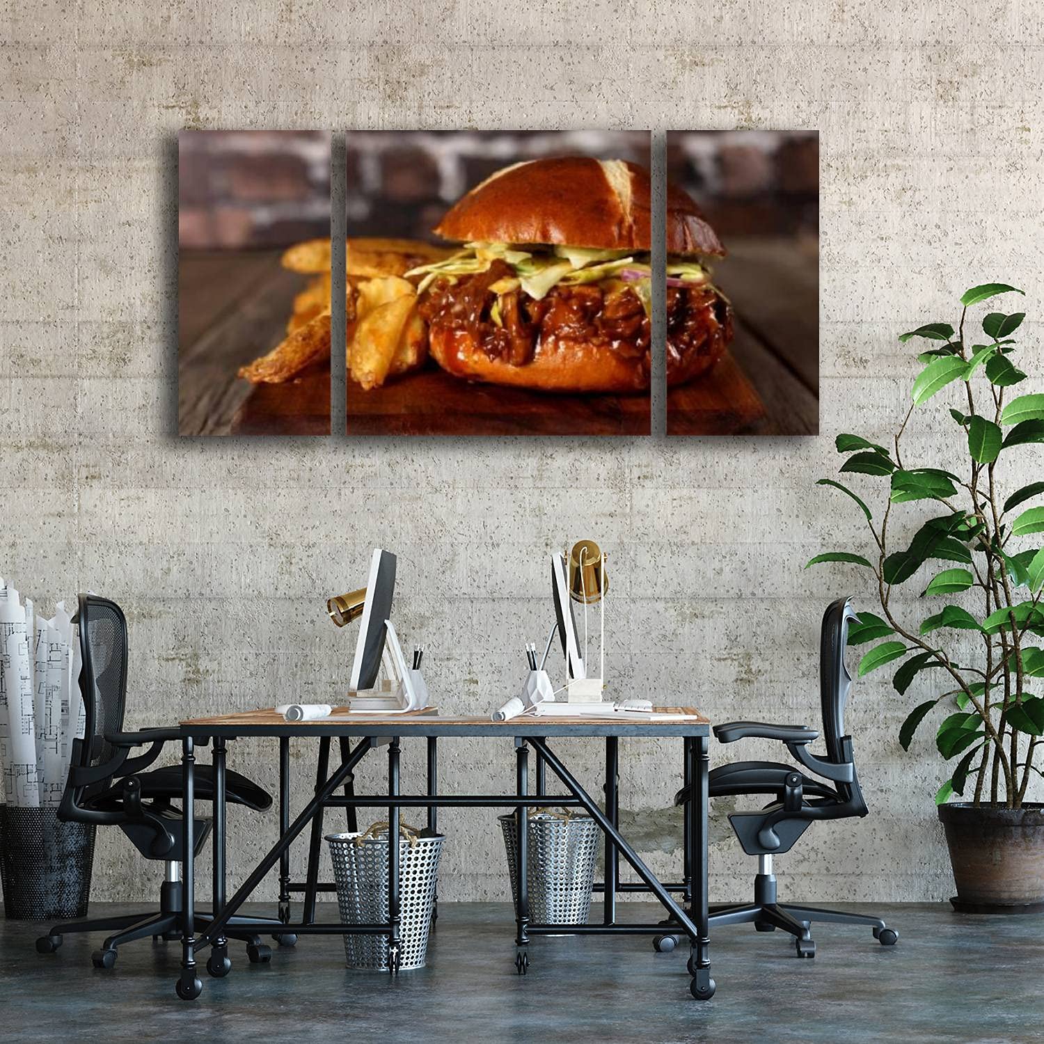 3-Panel Canvas Wall Art - Pulled Pork Burger on Pretzel Bun with Potato Wedges | Modern 3D Printed Framed Canvas Painting | Perfect for Office & Home Decor | Ready to Hang | Kitchen & Dining Room Wall Decor