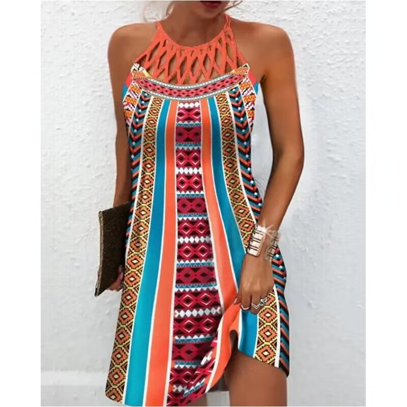 Women's Fashion Print Casual Halterneck Dress - Summer Flowy Beach Dress for Vacation, Party & Outdoor Activities