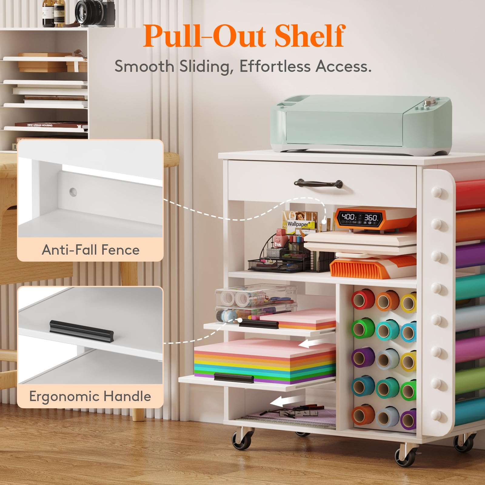 Lifewit Rolling Craft Cart with Pull-Out Tray & Drawer - 23 Vinyl Roll Holders Storage Organizer for Cricut Machines | Perfect for Craft Room, Home Office & DIY Projects | Mobile Craft Station for Scrapbooking, Vinyl Cutting & Art Supplies Organization