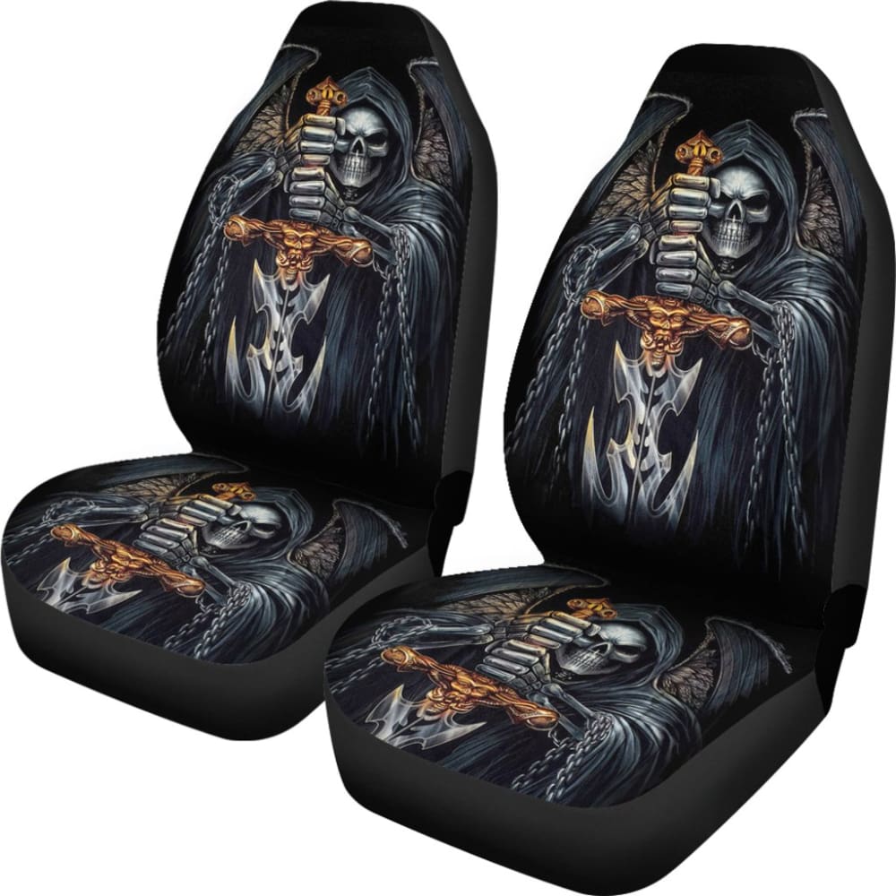 2 Pcs Gothic Skull Car Seat Covers - Universal Fit for Cars, Trucks & SUVs - Black Skull Pattern Design - Perfect for Halloween, Gothic Style & Car Enthusiasts
