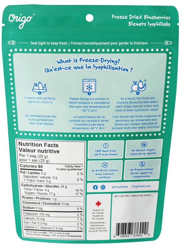 Freeze-Dried Blueberries Snack - 100% Natural Canadian Blueberries, No Sugar Added, No Preservatives, Healthy Dried Fruit (25g) - Perfect for Smoothies, Yogurt Toppings & On-the-Go Snacking