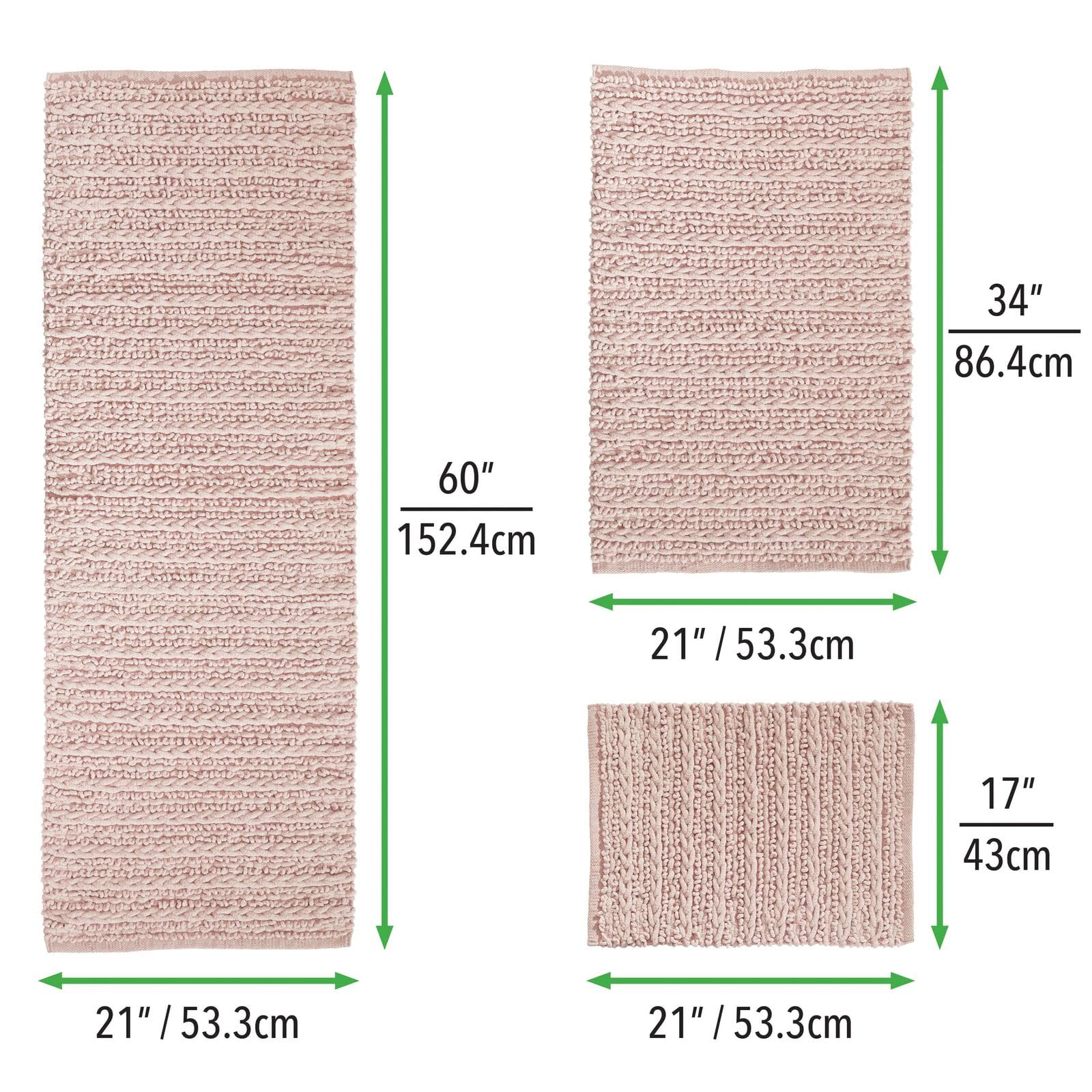 mDesign 3-Piece Cotton Bathroom Rug Set - Super Absorbent, Non-Slip Bath Mat for Vanity, Shower & Bathtub - Includes Runner & Small Rugs (Light Pink, Braided Design) - Perfect for Master Bath, Guest Bath & Spa-Like Experience
