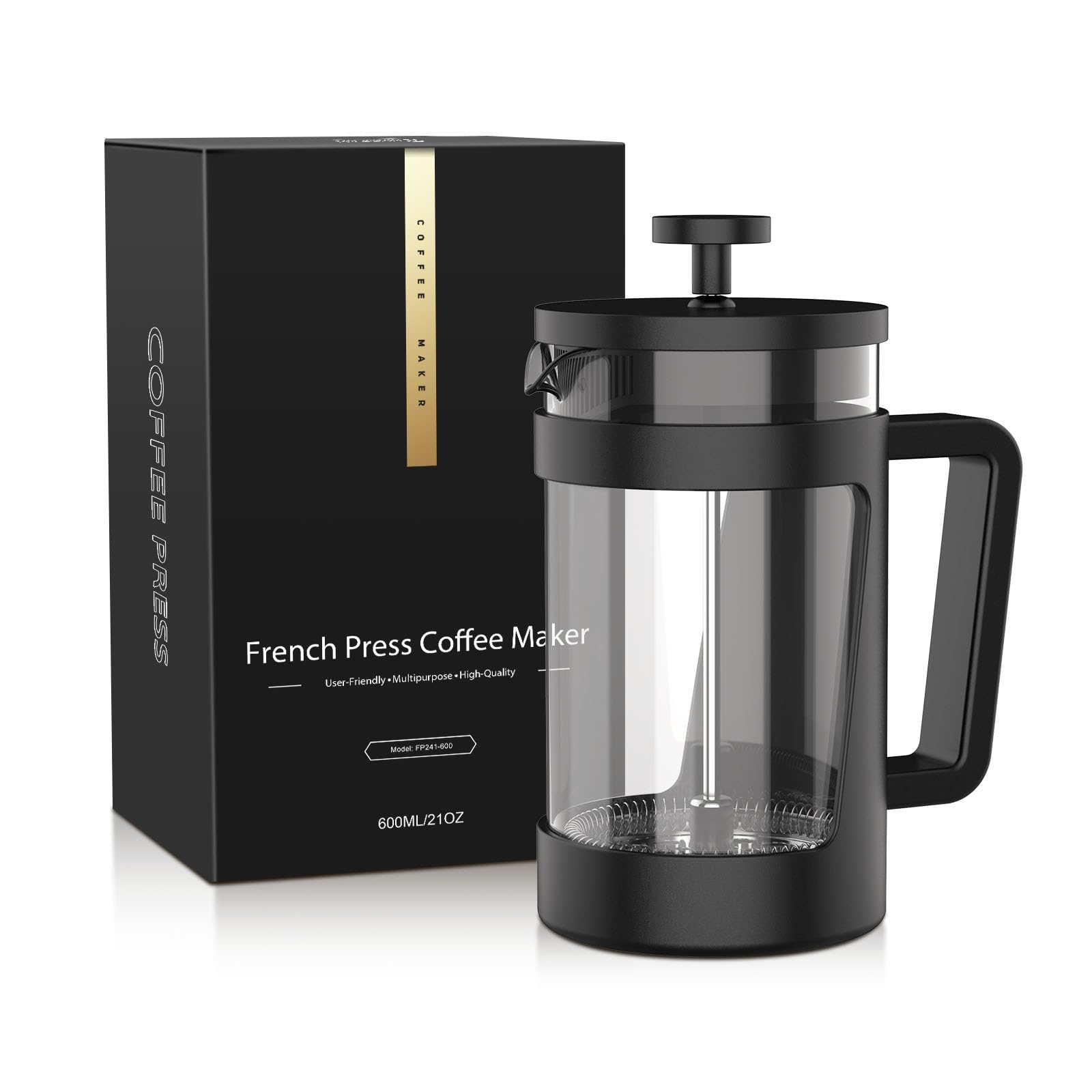 RAINBEAN 21 Oz French Press Coffee Maker - 3 Level Filtration, Small Coffee Brewer for Tea & Coffee Lovers (2-4 Cups) - Perfect for Home, Office & Camping Use