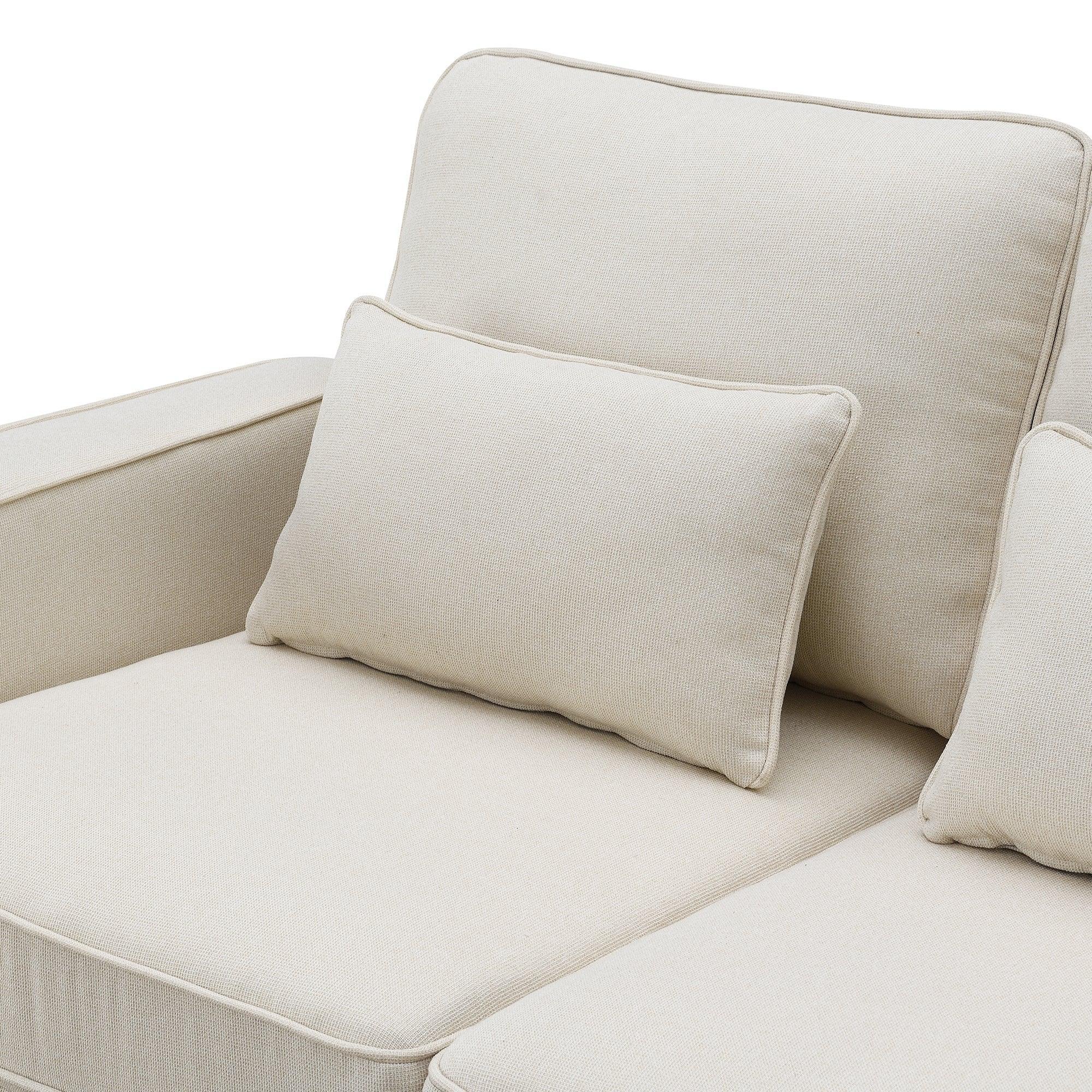 Modern 4-Seater Linen Fabric Sofa with Armrest Storage Pockets & 4 Throw Pillows - Minimalist Living Room Couch for Small Spaces, Apartments and Cozy Home Decor