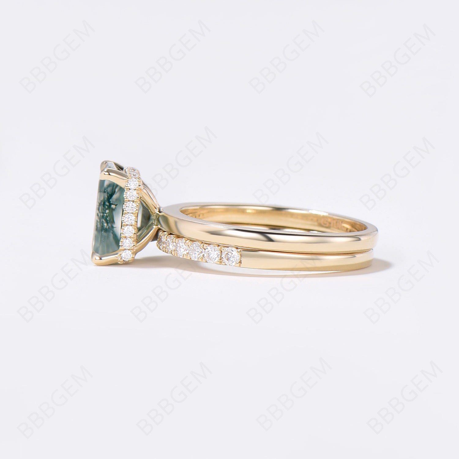 Hidden Halo Emerald Cut Moss Agate Engagement Ring Set - 14K Gold Wedding Band for Women - Perfect for Proposals, Anniversaries & Romantic Occasions