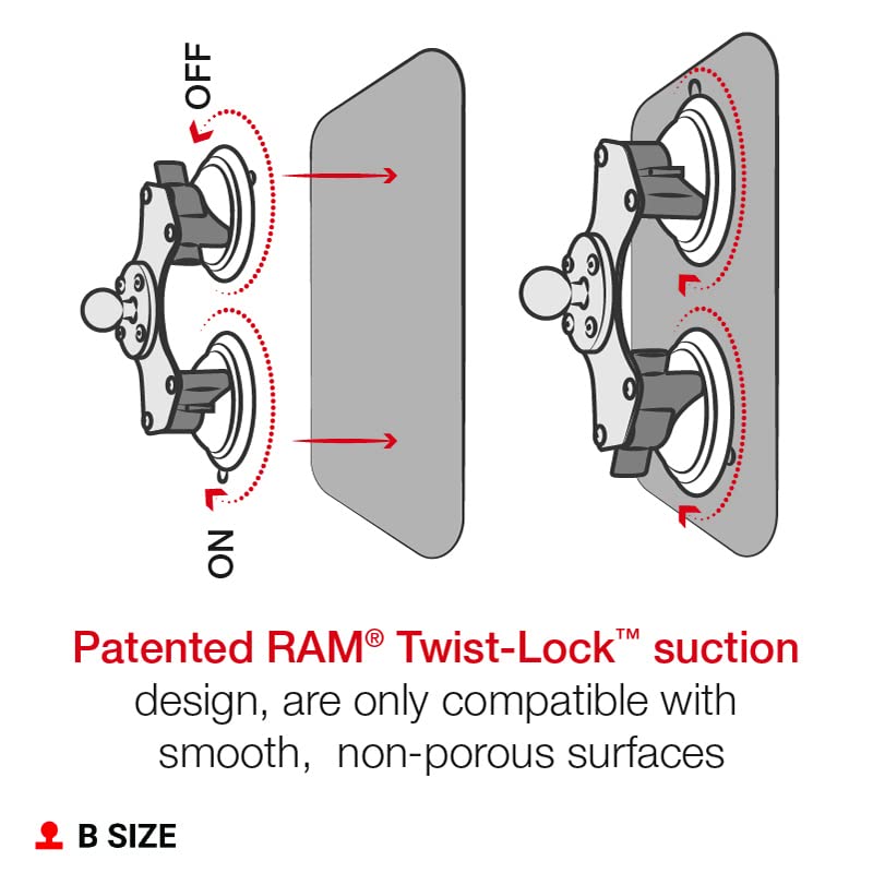RAM Mounts Twist-Lock Dual Suction Cup Base with Ball RAM-B-189B-202U for Secure Vehicle and Marine Use, B Size 1