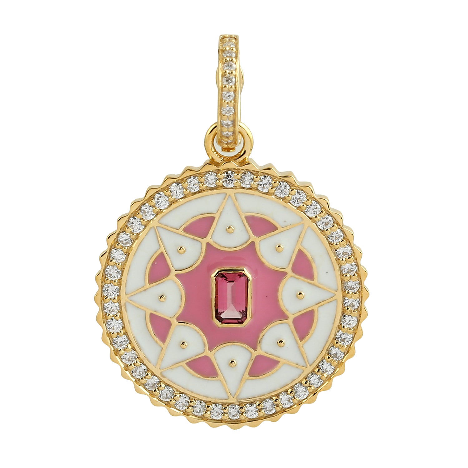 14K Yellow Gold Pink Tourmaline and Diamond Baguette Pendant with Mandala Enamel Design - Elegant Jewelry Gift for Women, Perfect for Weddings, Anniversaries and Special Occasions