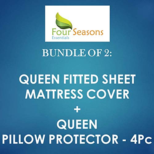 Queen Size Fitted Sheet & Waterproof Pillow Protectors Set (4PC) - Soft Breathable Mattress Cover & Pillow Cases for Bedroom Comfort, Hotel Style Luxury Bedding Essentials for Home, Guest Room or Dorm