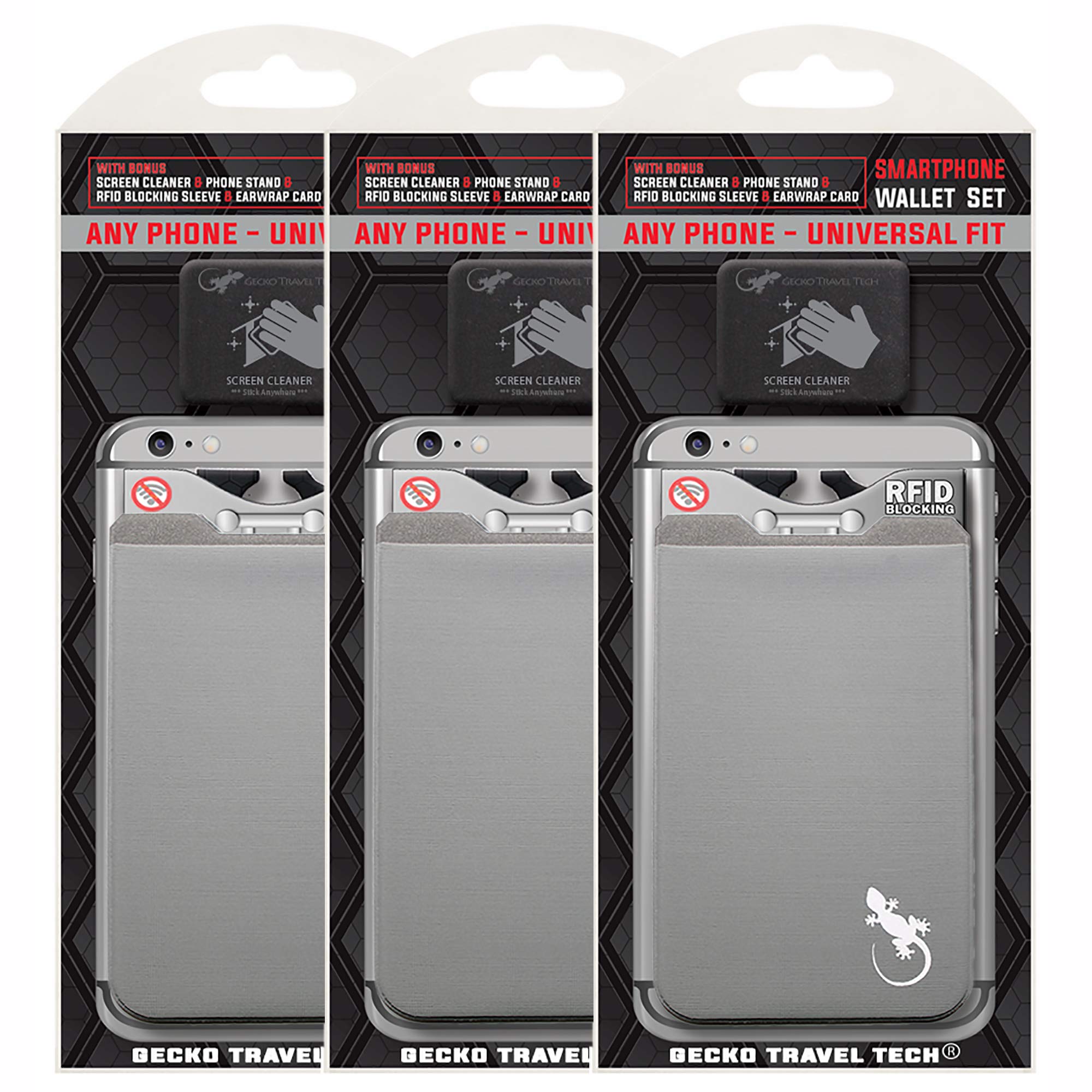 Gecko 3 Pack Phone Wallet - Sticky Back Credit Card Holder for iPhone & Android - Slim RFID Blocking Card Case (Gray/White) - Perfect for Travel, Gym & Everyday Use
