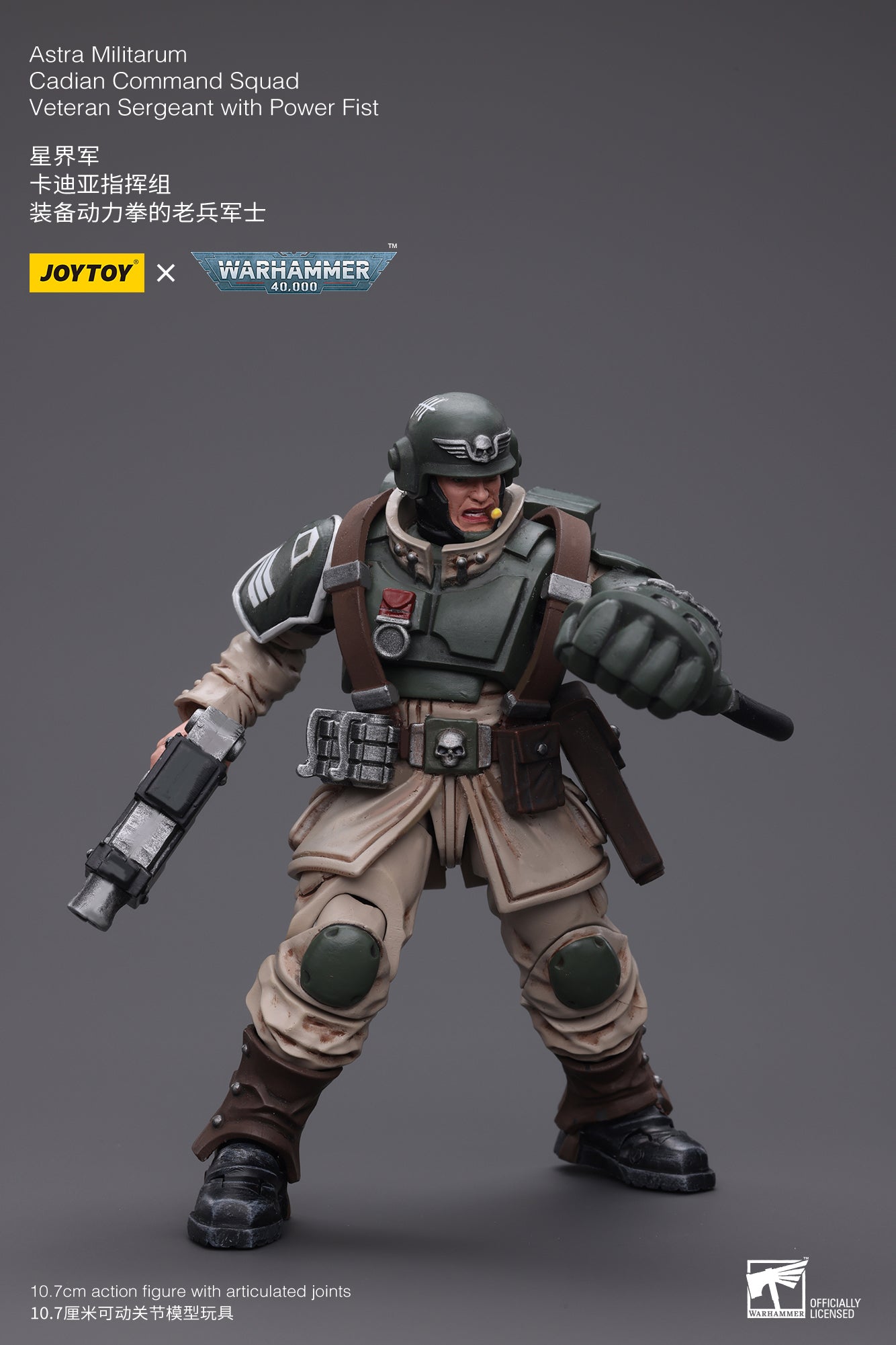 1/18 Scale JOYTOY 3.75-inch Warhammer 40K Astra Militarum Cadian Command Squad Veteran Sergeant Action Figure with Power Fist - Perfect for Collectors, Tabletop Gaming & Warhammer 40K Displays