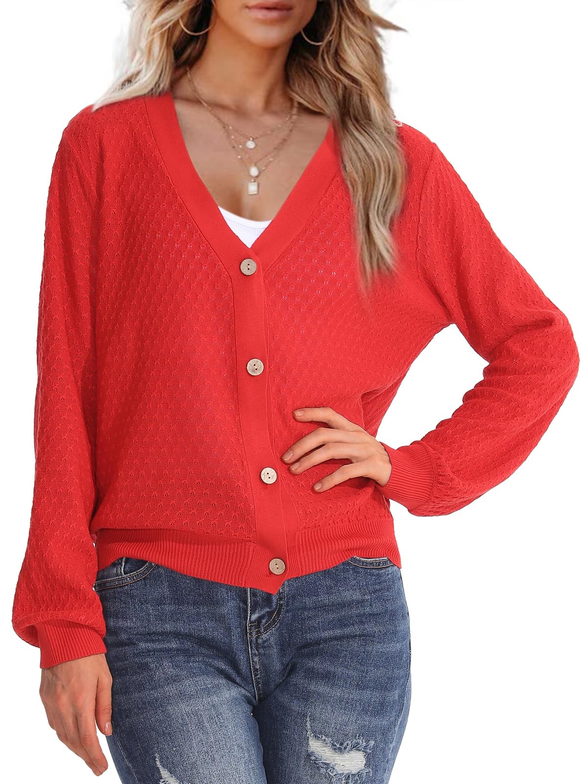 Women's Lightweight Waffle Knit Button Down Cardigan Sweater - Long Sleeve V Neck Casual Pullover for Work, Office & Everyday Wear