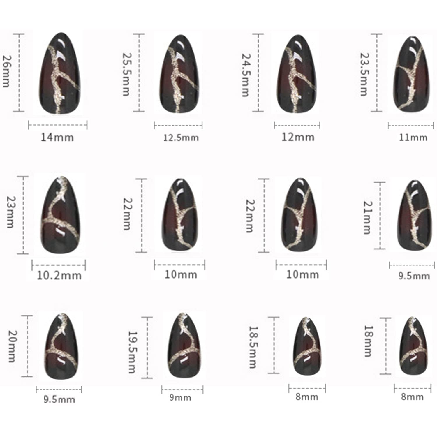 24PCS Black Full Cover Reusable Glossy False Nails Kit with Gold Lightning Designs - Medium Length Pointed Press on Nails, Acrylic Fake Nails for Women, Almond Shape Glue on Nails - Perfect for Parties, Weddings, and Special Occasions
