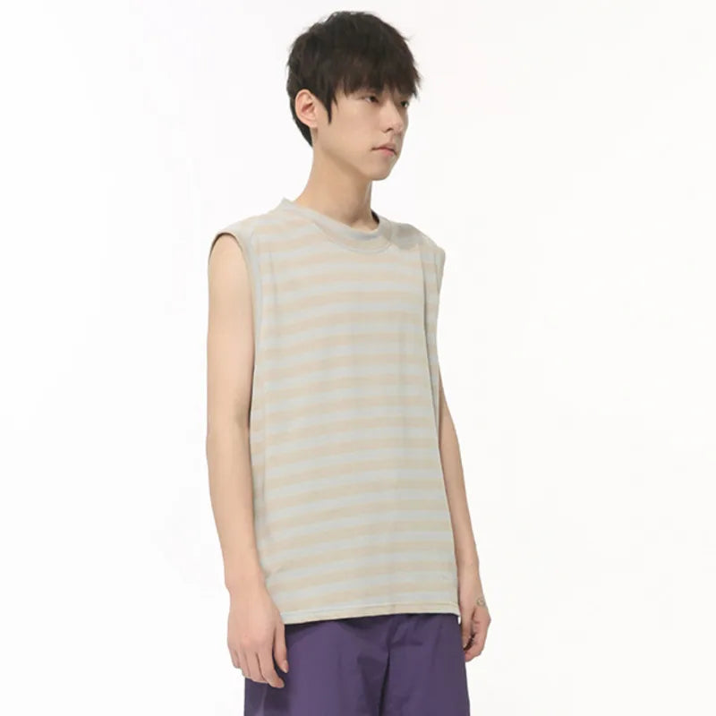 American Style Men's Tank Tops - Loose Fit Striped Sleeveless Shirts for Men | Breathable O-Neck Casual Top with Contrast Color (9C6377) | Perfect for Summer, Gym, Beach & Outdoor Activities