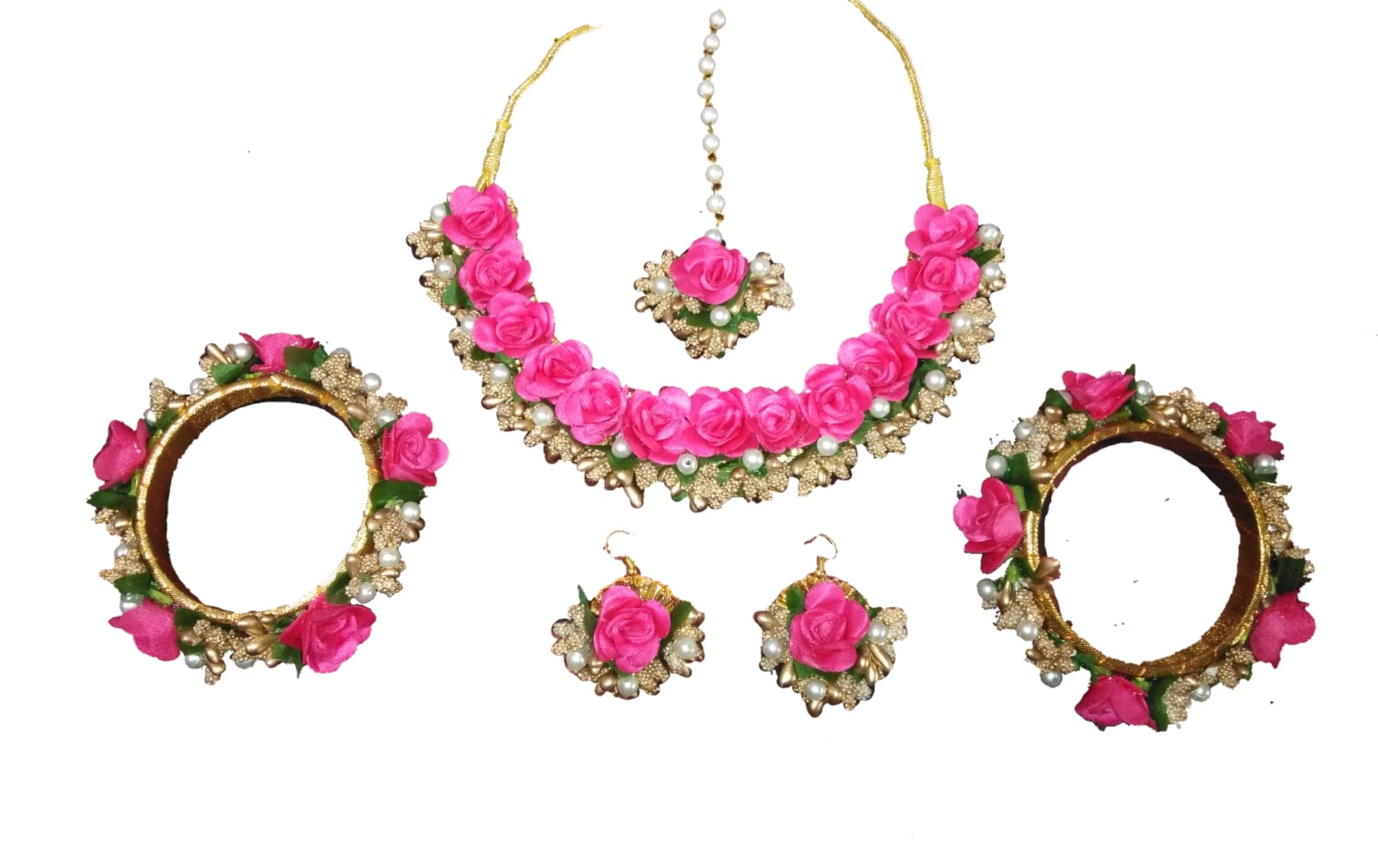 Divyakosh Rani Pink Floral Jewelry Set - Necklace, Earrings, Maang Tikka, Bangles for Women & Girls | Perfect for Haldi, Mehendi, Bridal, Wedding & Baby Shower Ceremonies