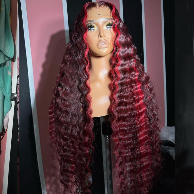 Eullair Burgundy Wine Red Human Hair Lace Front Wig with Crimped Wavy Highlights & Skunk Stripe - Heat Resistant for Styling with Curling Iron, Perfect for Cosplay, Parties & Daily Fashion