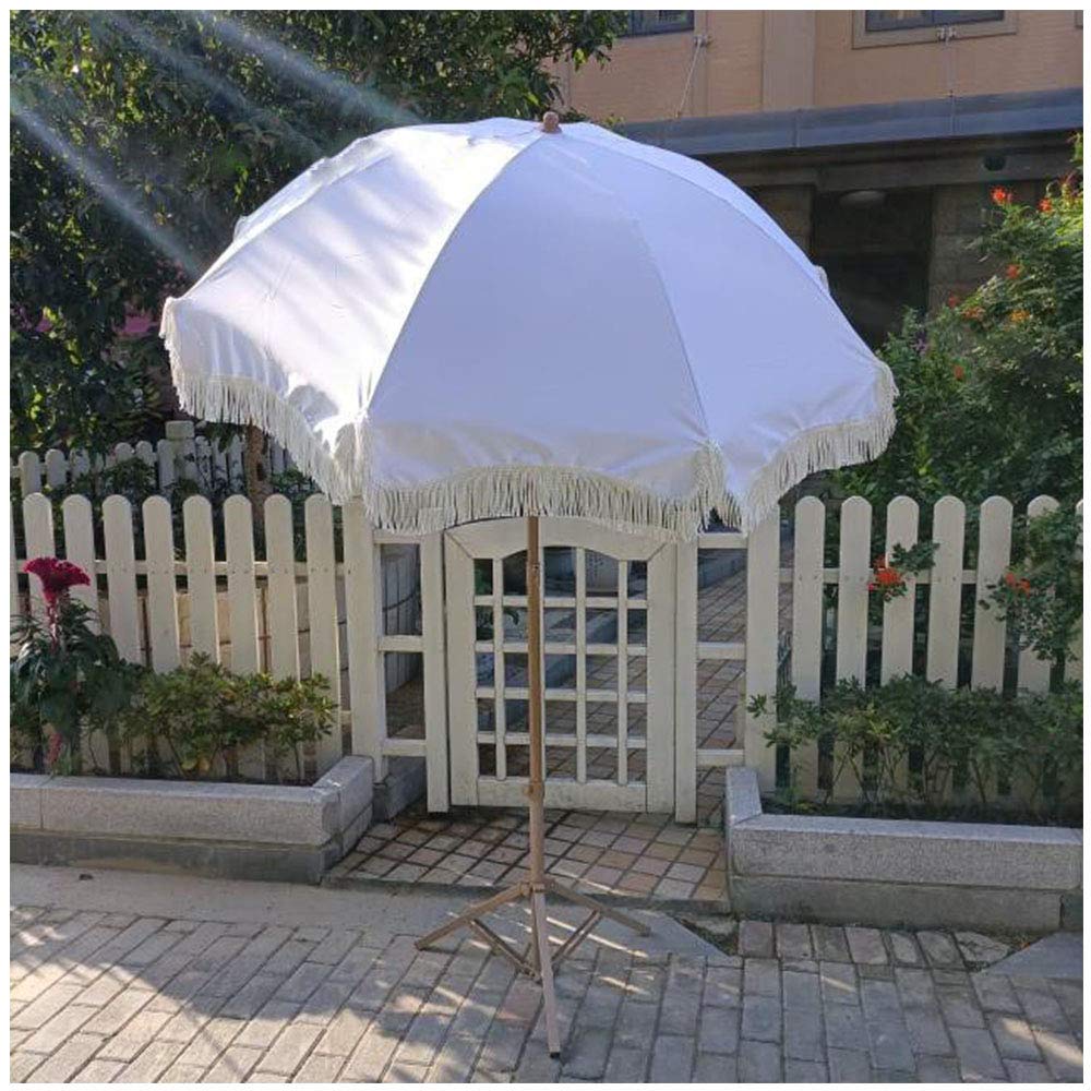 Y&J 1.8m (71in) Outdoor Tilt Beach Parasol with UV Protection - White Tassel Design Patio Umbrella for Garden, Poolside & Dining Table (2.45m Height, Base Not Included) | Perfect for Backyard, Picnics & Coastal Resorts