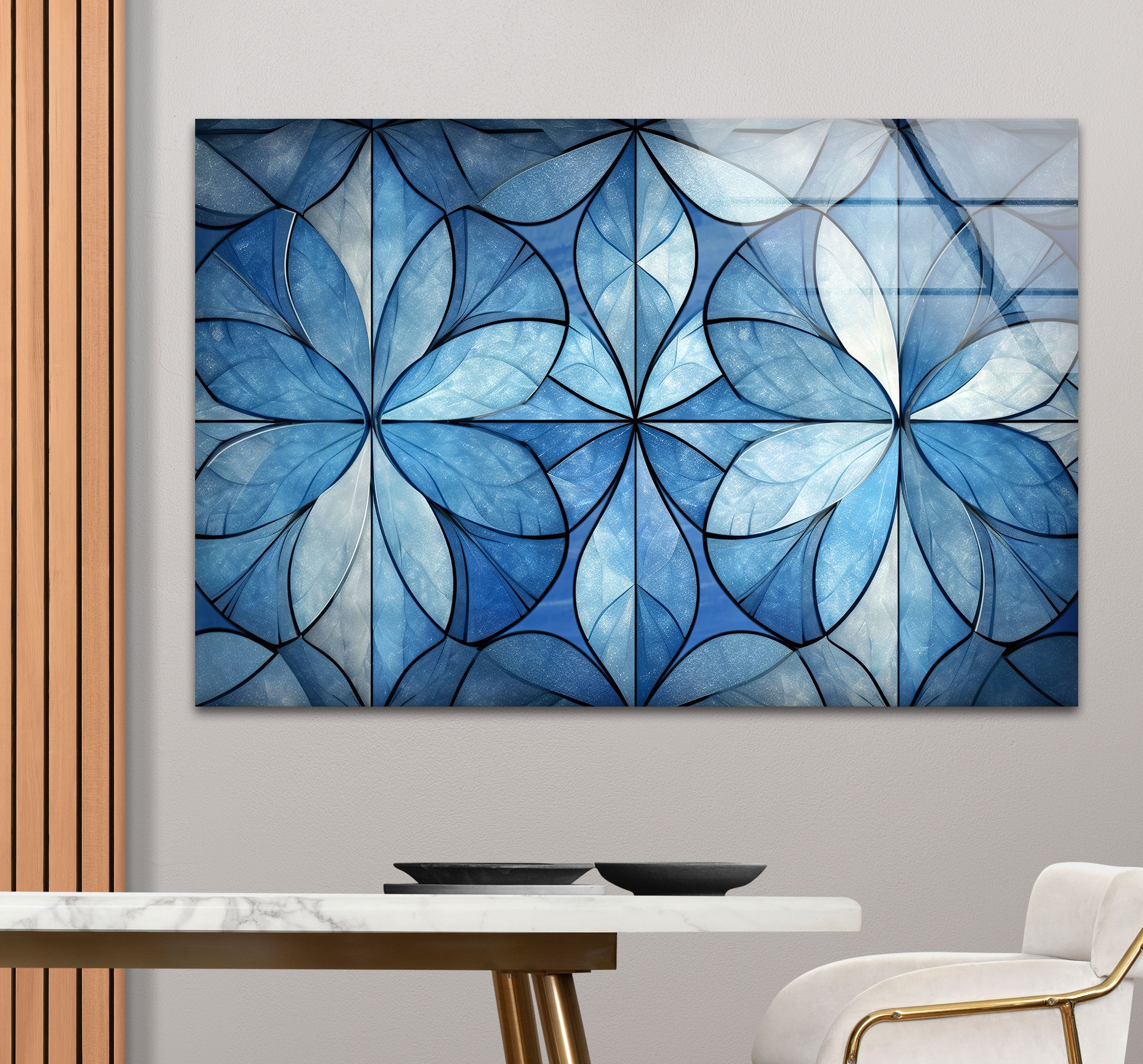 Blue Floral Geometric Wall Art - Modern Glass Panel with Elegant Petal Design for Home Decor, Living Room & Office