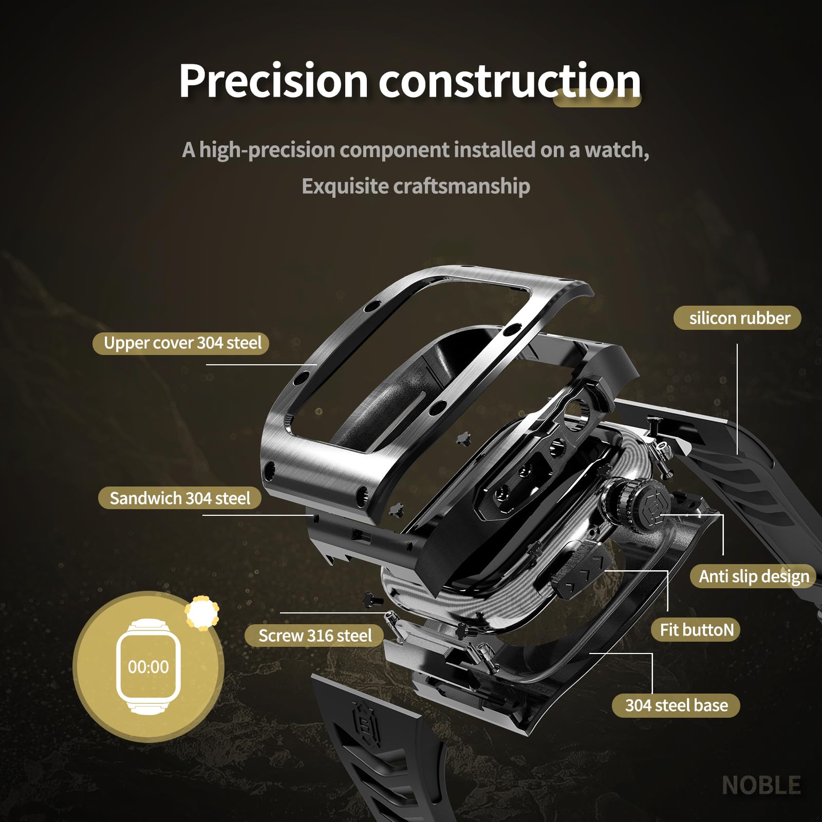 Premium Shockproof Armor Stainless Steel Smartwatch Case with Sport Band - Compatible with Apple Watch Series 9/8/7/SE2/6/5/SE/4 (44mm/45mm) - Durable Protection for Gym, Running & Outdoor Activities (Black)