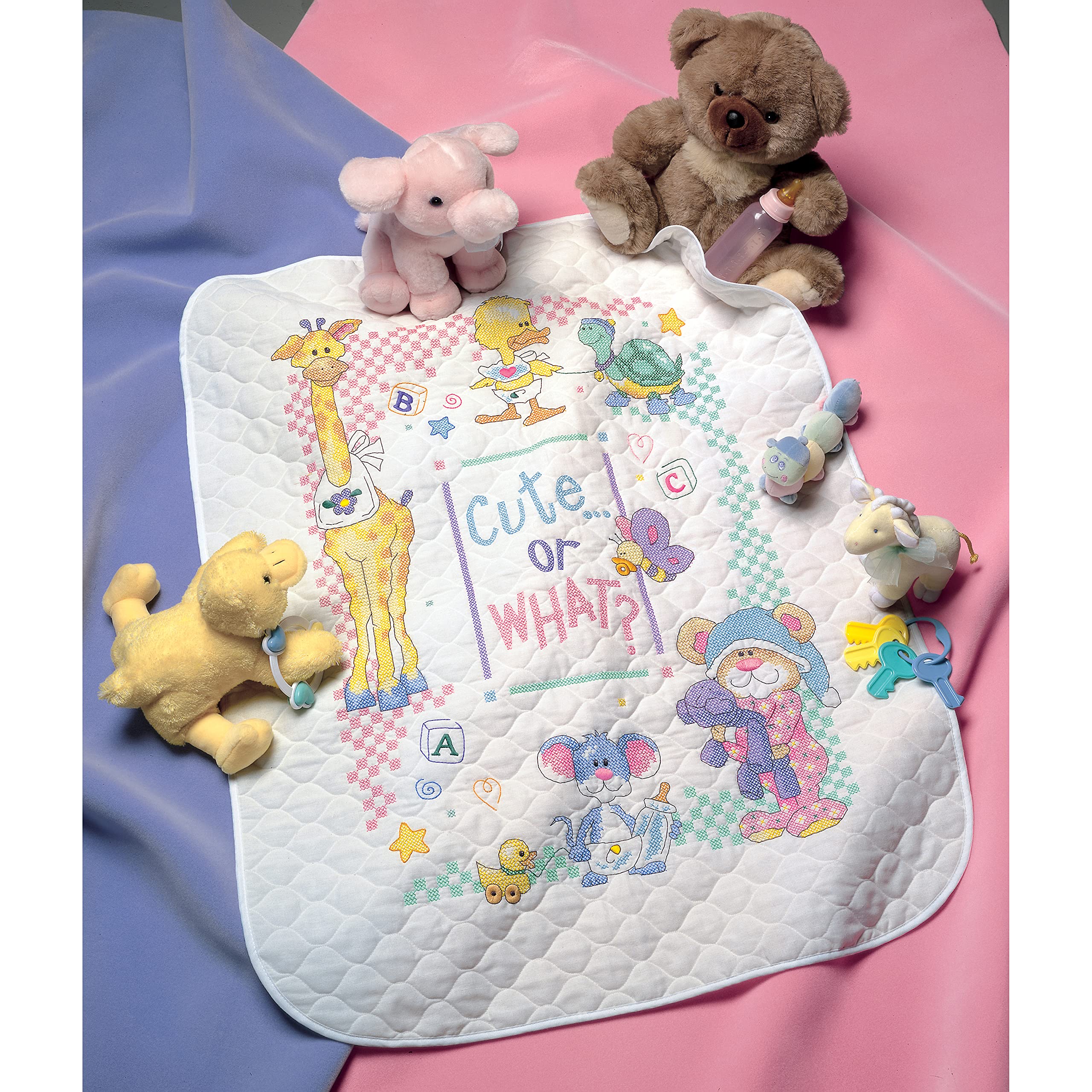 Dimensions Stamped Cross Stitch Kit - 'Cute or What?' DIY Baby Quilt 34x43 Inch - Handmade Nursery Decor for Newborn Gifts & Home Crafting Projects