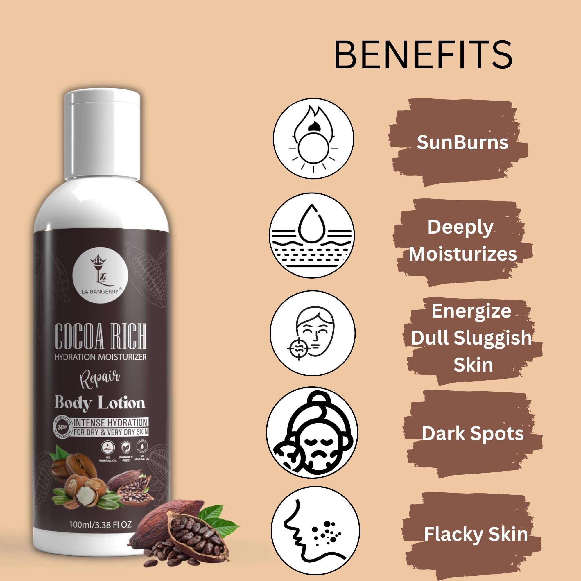LA'BANGERRY Hydration Cocoa Rich Body Lotion - Long Lasting Moisturizing & Soothing for Very Dry Skin | Non-Greasy Formula for Healthy Glow | 100ml | Perfect for Daily Skincare & Post-Shower Hydration