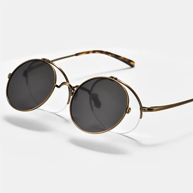 Unisex Black Titanium Semi-Rim Round Flip-Up Polarized Sunglasses K54 - Stylish & Durable for Driving, Outdoor Sports & Fashion