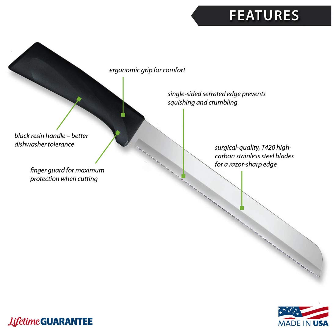 Rada Cutlery Anthem Series 8 Inch Bread Knife with Ergonomic Black Handle - Perfect for Slicing Bread, Bagels, and Pastries - Ideal for Home Kitchens, Bakeries, and Restaurants