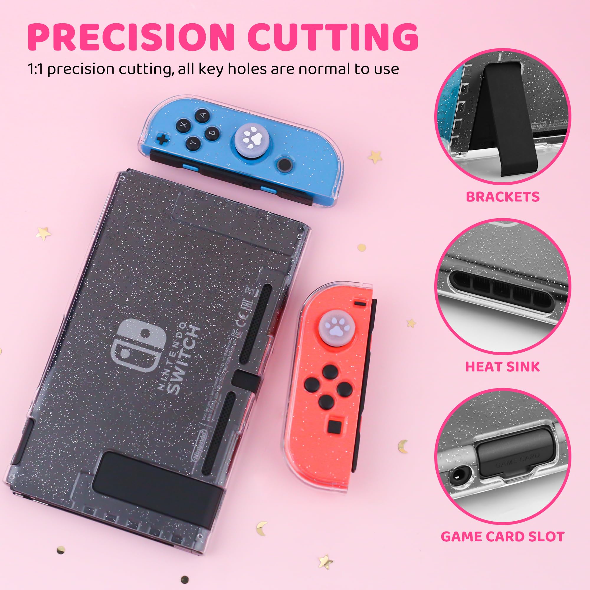 Glitter Pink Hard Travel Case for Nintendo Switch - Portable Protective Cover with Clear Glitter, Shoulder Strap & 2 Thumb Caps | Perfect for Gaming On-The-Go, Travel Protection & Switch Accessories Storage